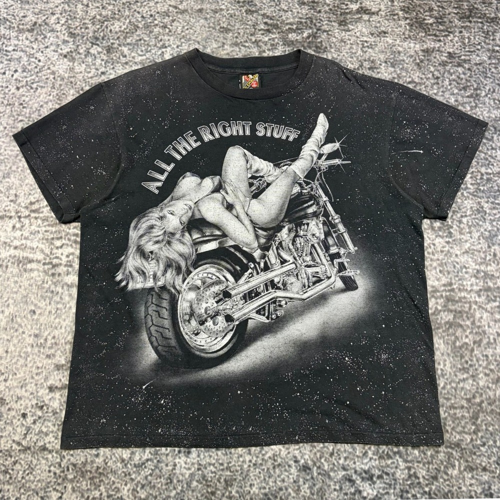 Vintage 90s 3D Emblem T Shirt All The Right Stuff Mens XL Black USA Biker Babe